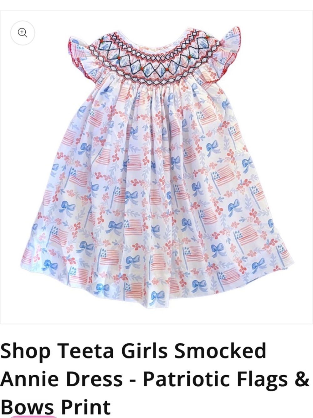 Girls Smocked Annie Dress in White with Pink & Blue Print